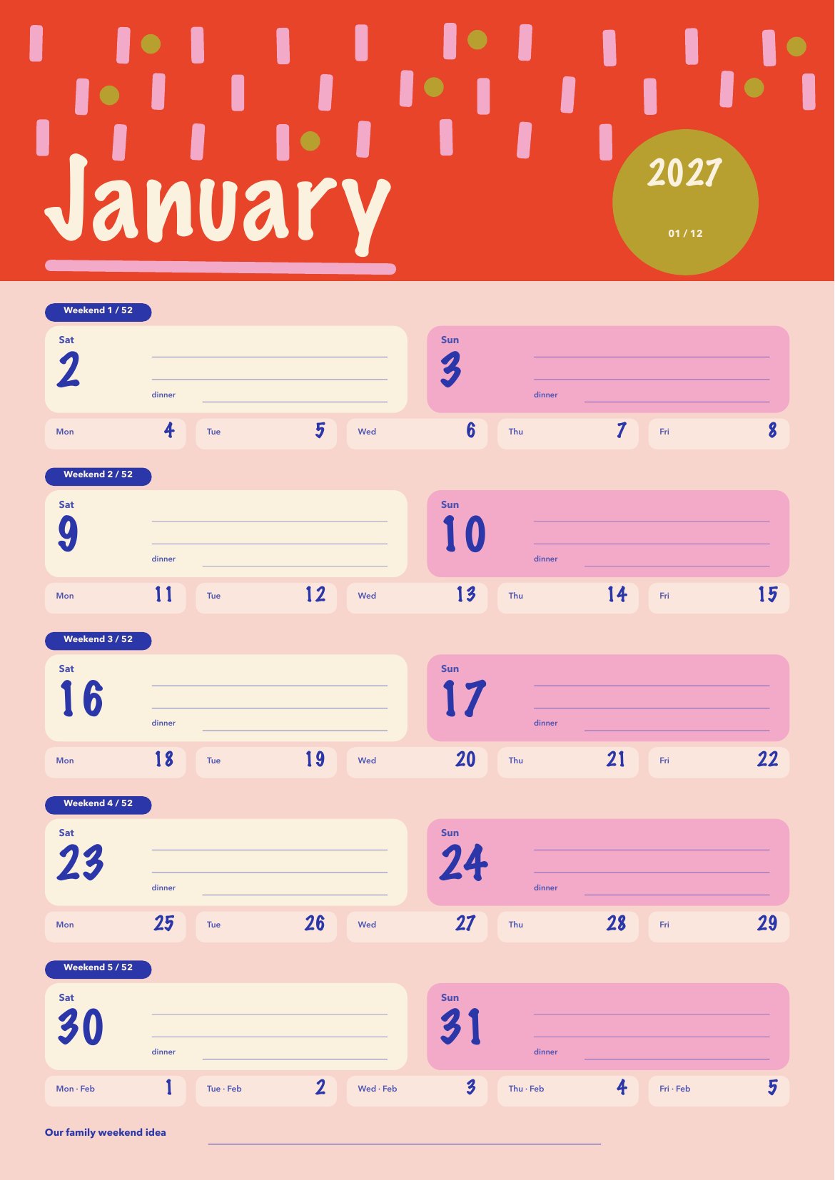 January page, Family Weekend Planner 2027