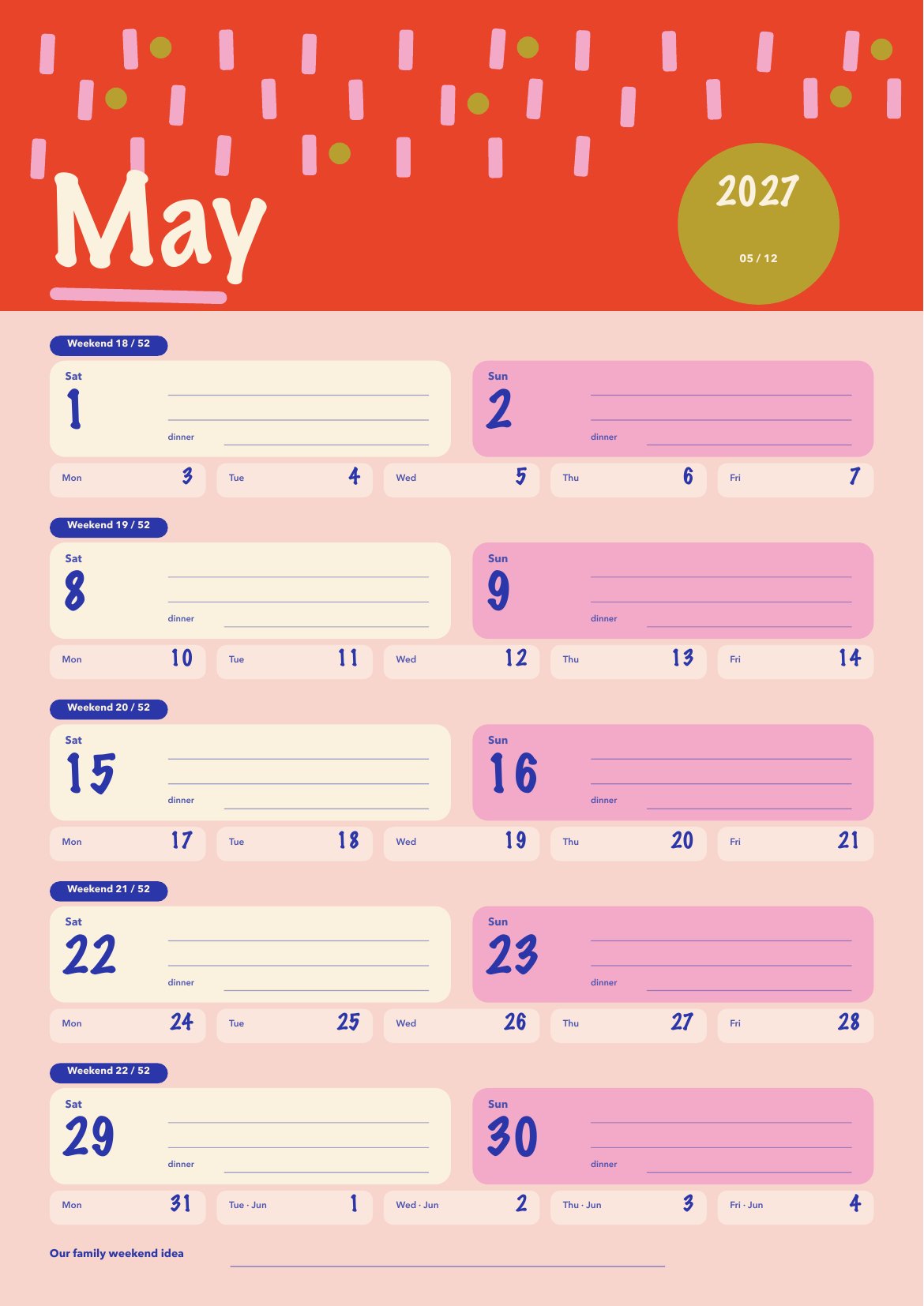 May page, Family Weekend Planner 2027