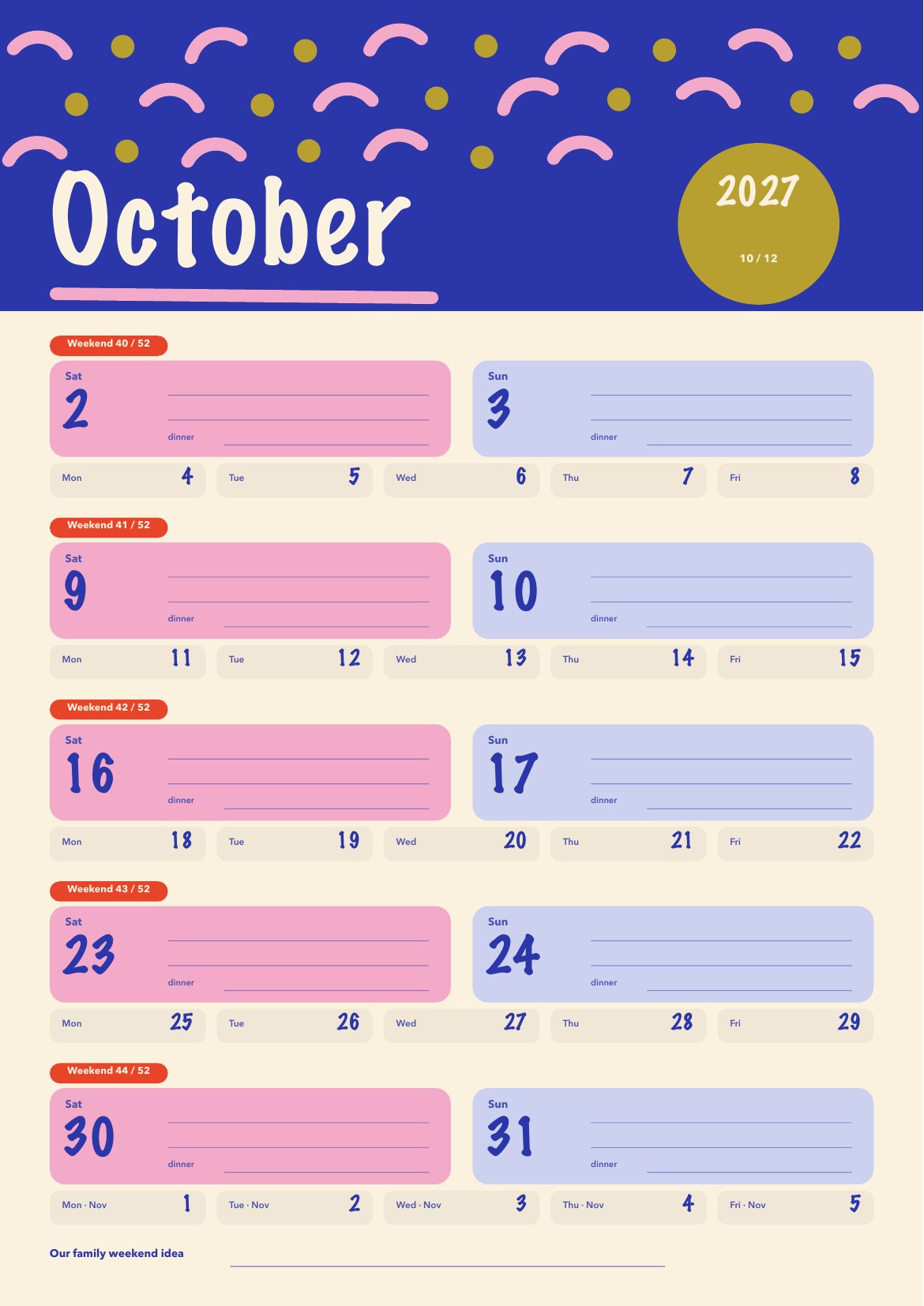October page, Family Weekend Planner 2027